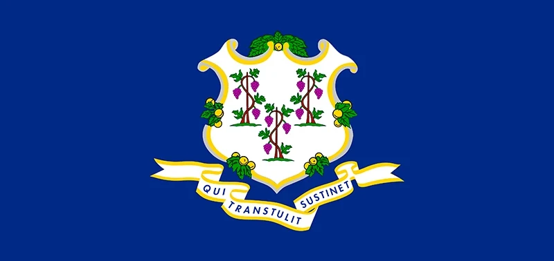 Connecticut state flag features a white shield with three grapevines on a blue background, surrounded by a banner reading "Qui Transtulit Sustinet."