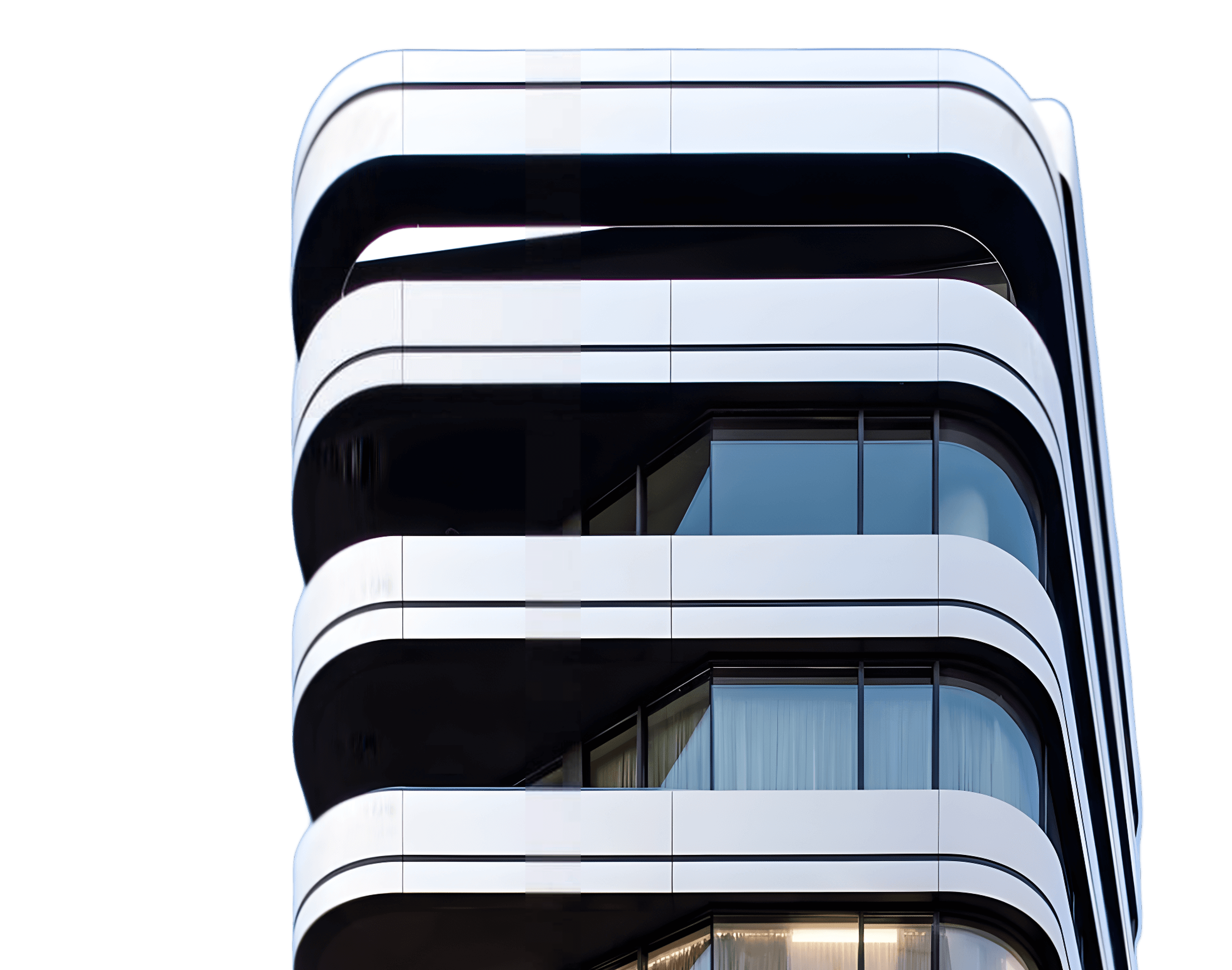 Fachada moderna de edificio con líneas curvas y ventanales.