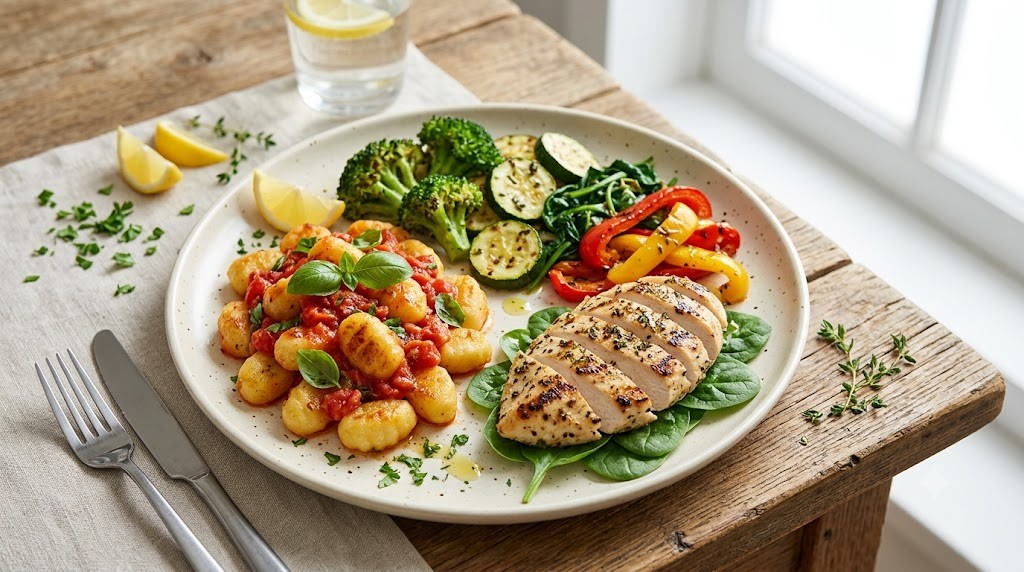 A high-quality photo of a balanced meal on a wooden table, featuring potato gnocchi in tomato sauce, grilled chicken breast, and a side of roasted vegetables (broccoli, zucchini, red and yellow peppers). Garnish with fresh basil and lemon slices.