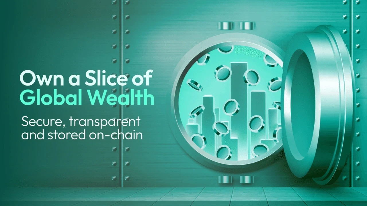Open bank vault containing digital tokens and growth bars illustrating fractional ownership of global wealth stored securely on-chain — ONINO