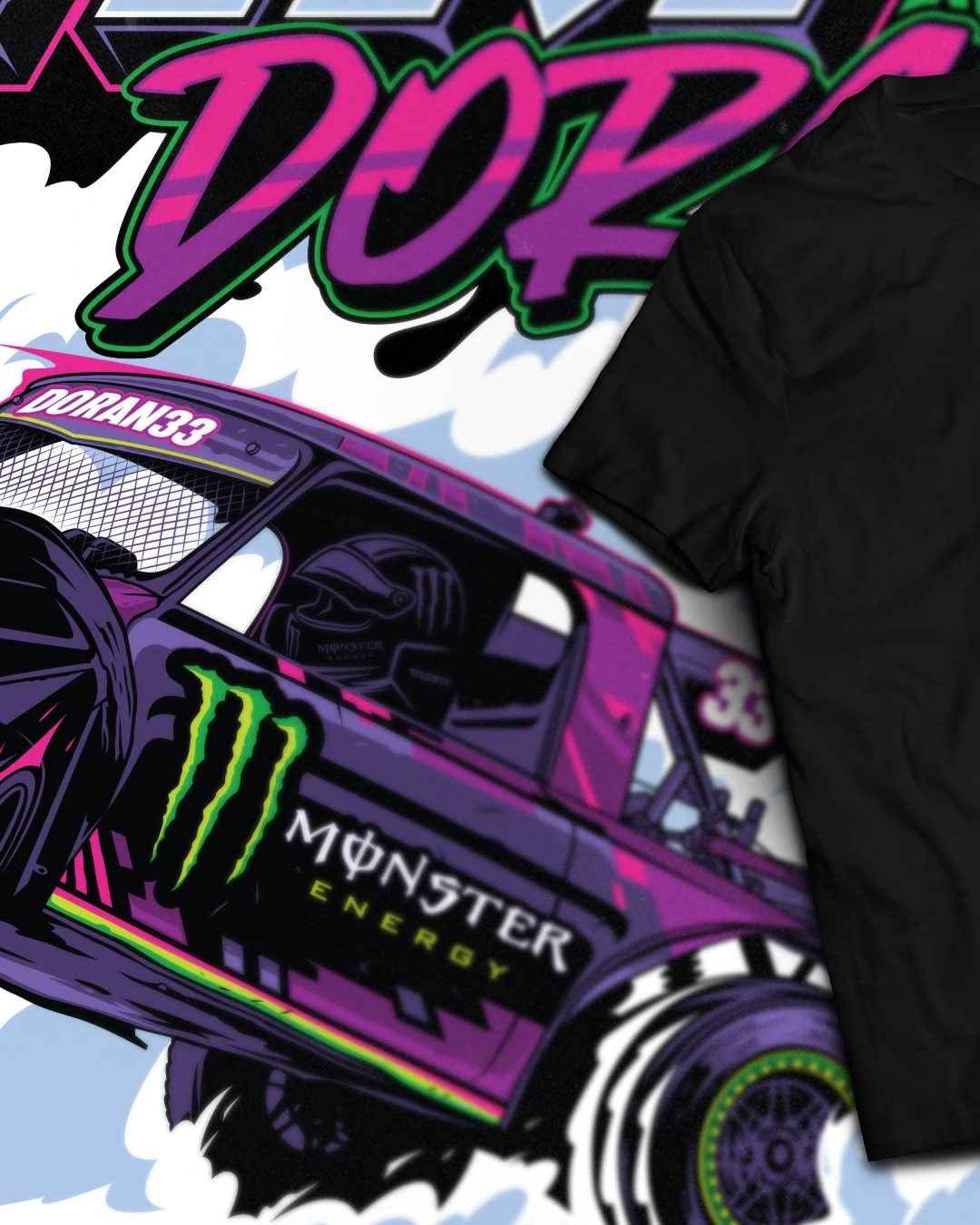 Custom motorsport T-shirt design mockup showing illustrated racing artwork alongside a black apparel garment for off-track wear.