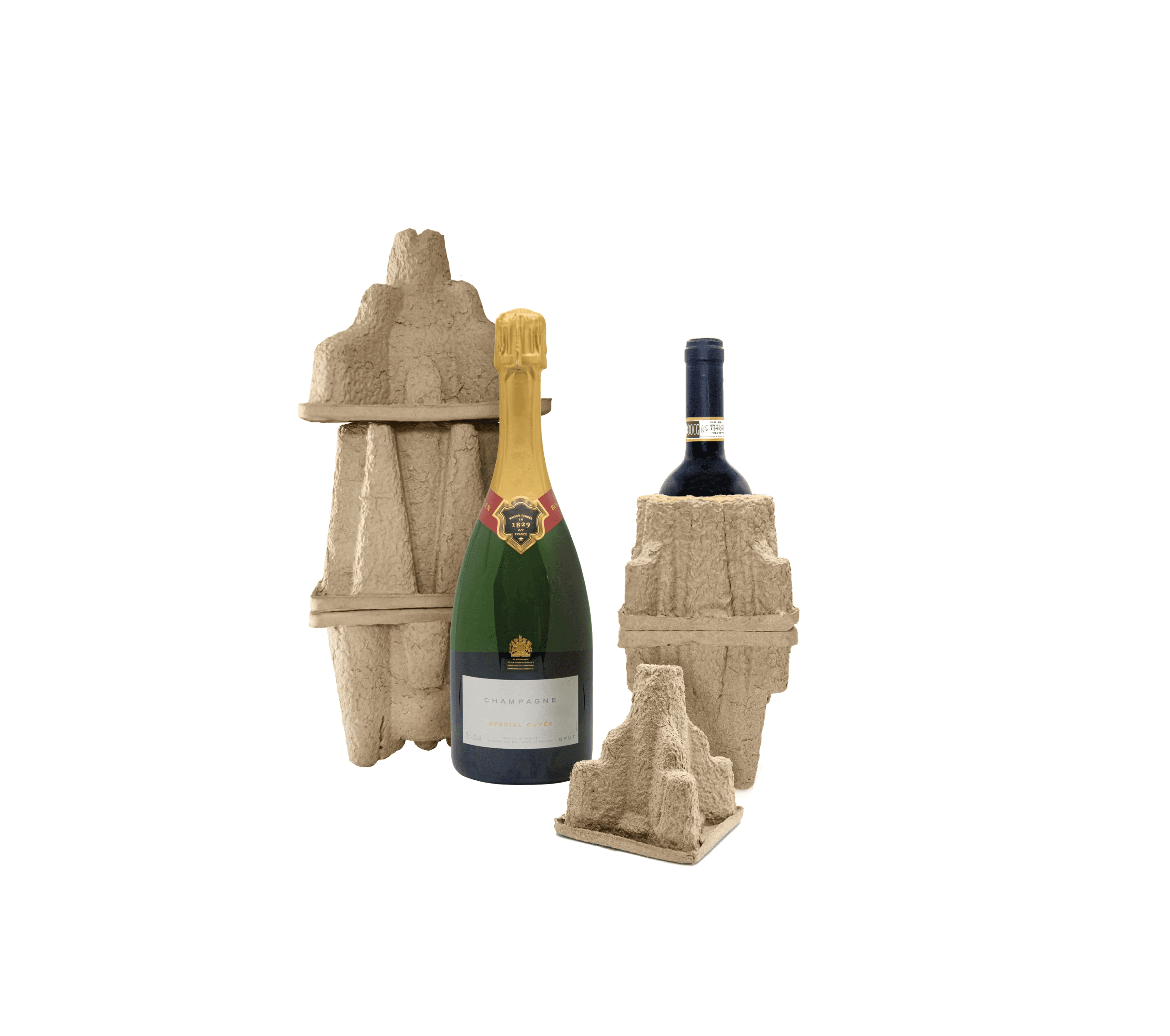 Moulded fibre bottle packaging for protecting glass bottles during transport and shipping