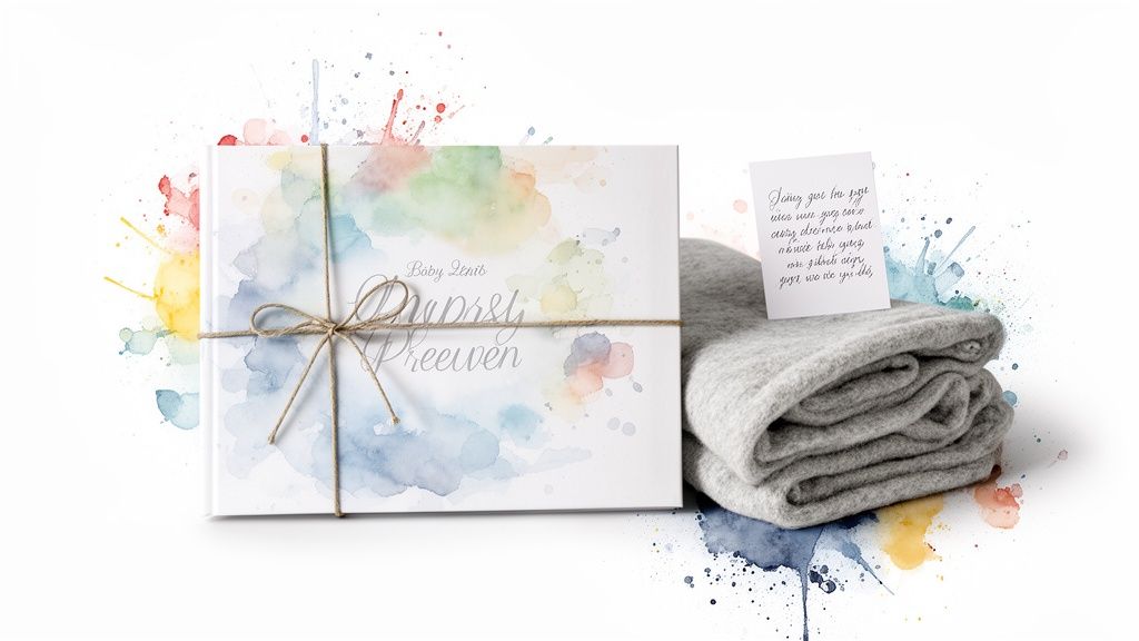 A thoughtful baby gift set featuring a watercolor box, twine, a soft grey blanket, and a handwritten card.