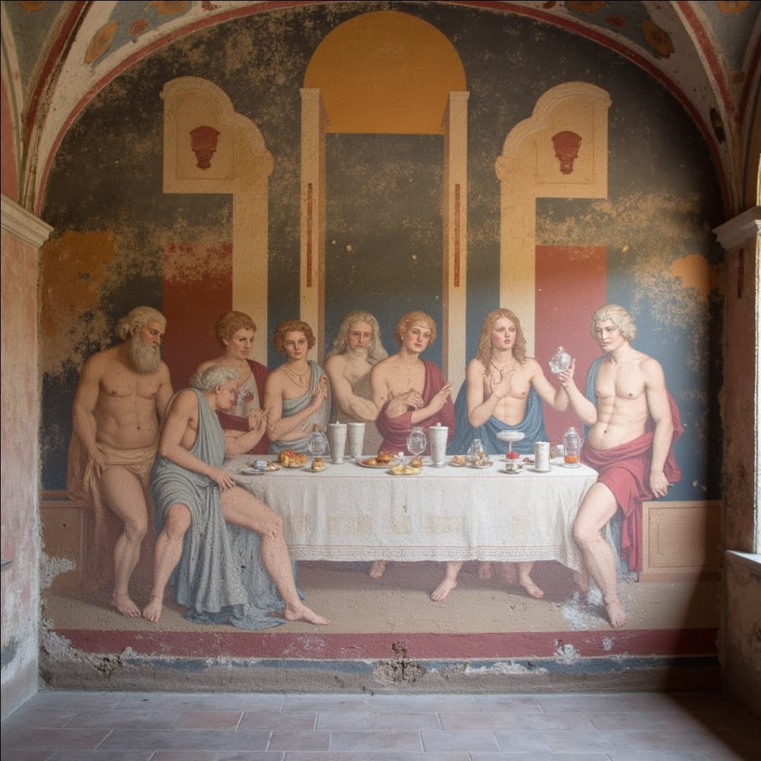 ein antikes gemälde, 8 personen sitzen an einem tisch und essen