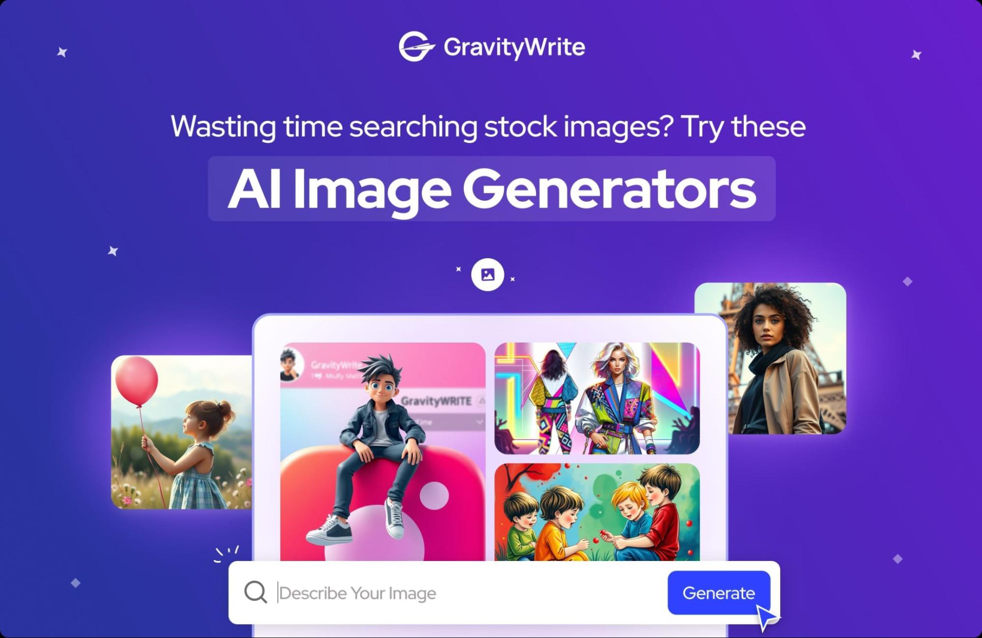 banner featuring GravityWrite’s AI image generators with a search bar, anime characters, photorealistic portraits, and modern digital artwork examples