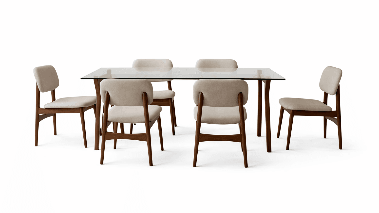 Rectangular dining table with clean straight rails and fully upholstered dining chairs