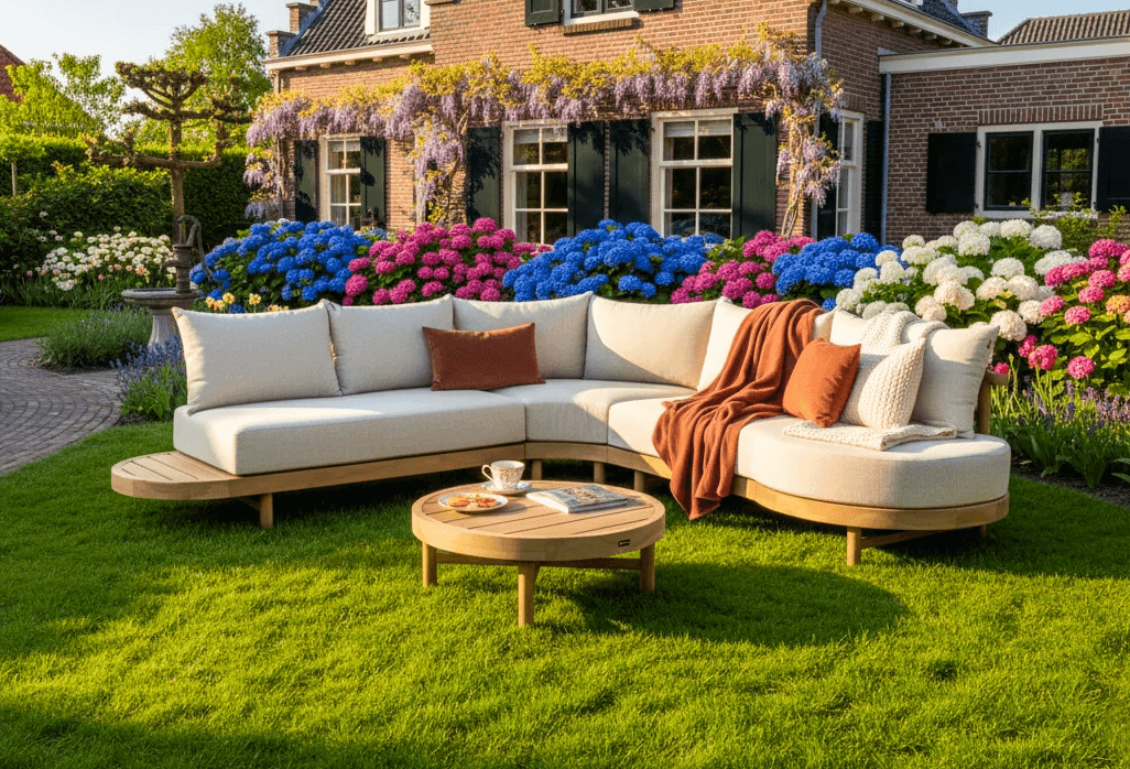 Stylish Santika Kayu outdoor furniture with beige cushions