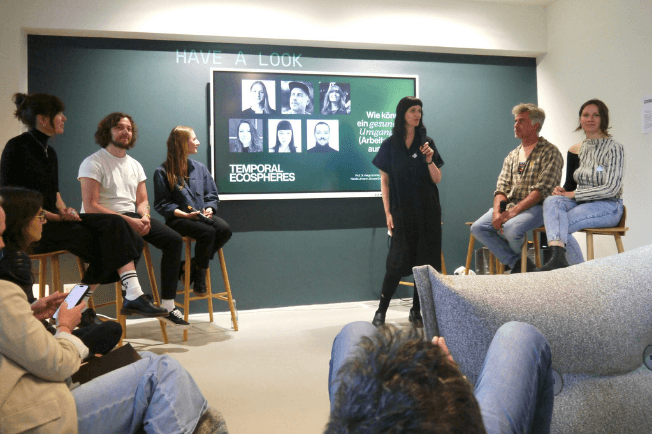 Podiumsdiskussion "Temporal Ecospheres" auf der Munich Creative Business Week (MCBW) 2025, Simone Engelhardt, Eva Temper, Natalie Jirmann, Helga Schmid, Jonas Weigand, Max Kölbl