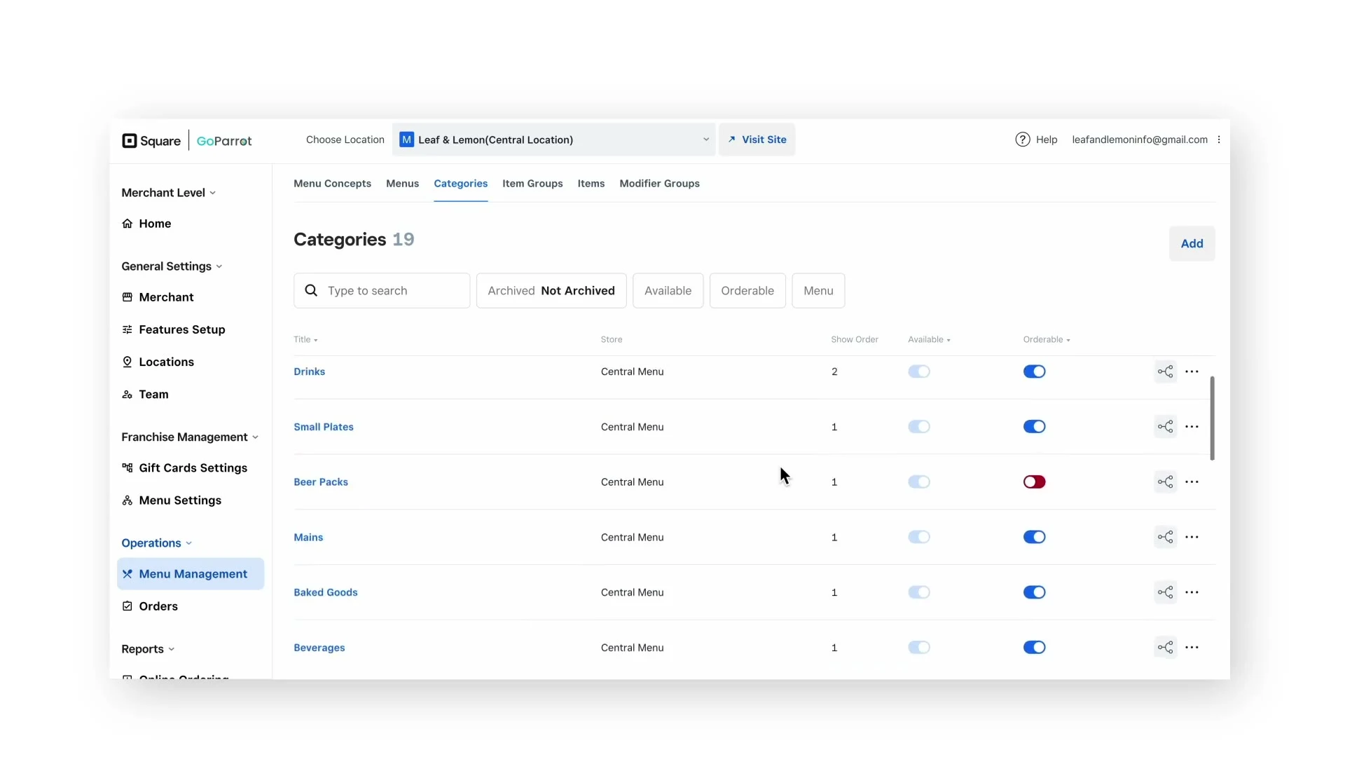 Configure Online Ordering with Square for Franchises