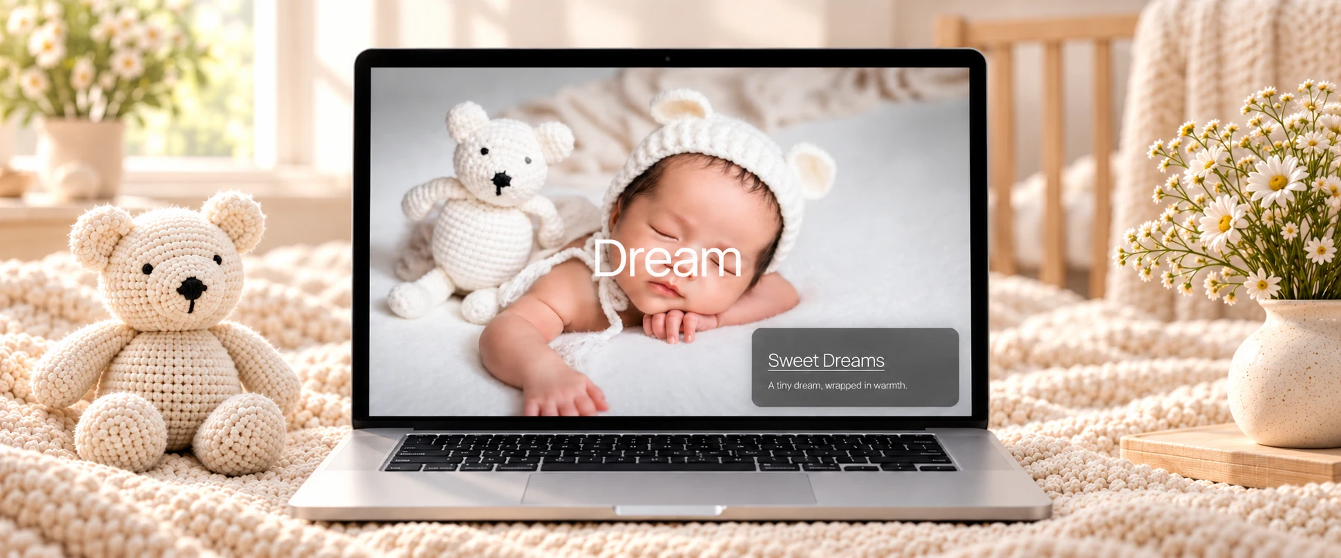 Scene Wipes auf einem Laptop: schlafendes Baby, Schriftzug Dream und eine dunkle Glas-Karte neben einem weißen Strickteddy.