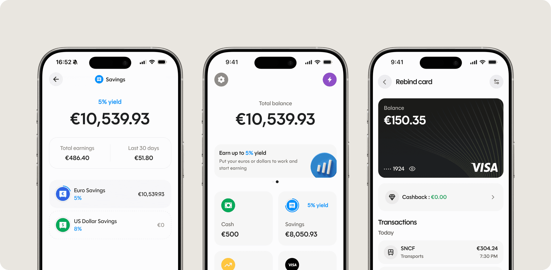 Rebind app features - IBAN, savings yield, card