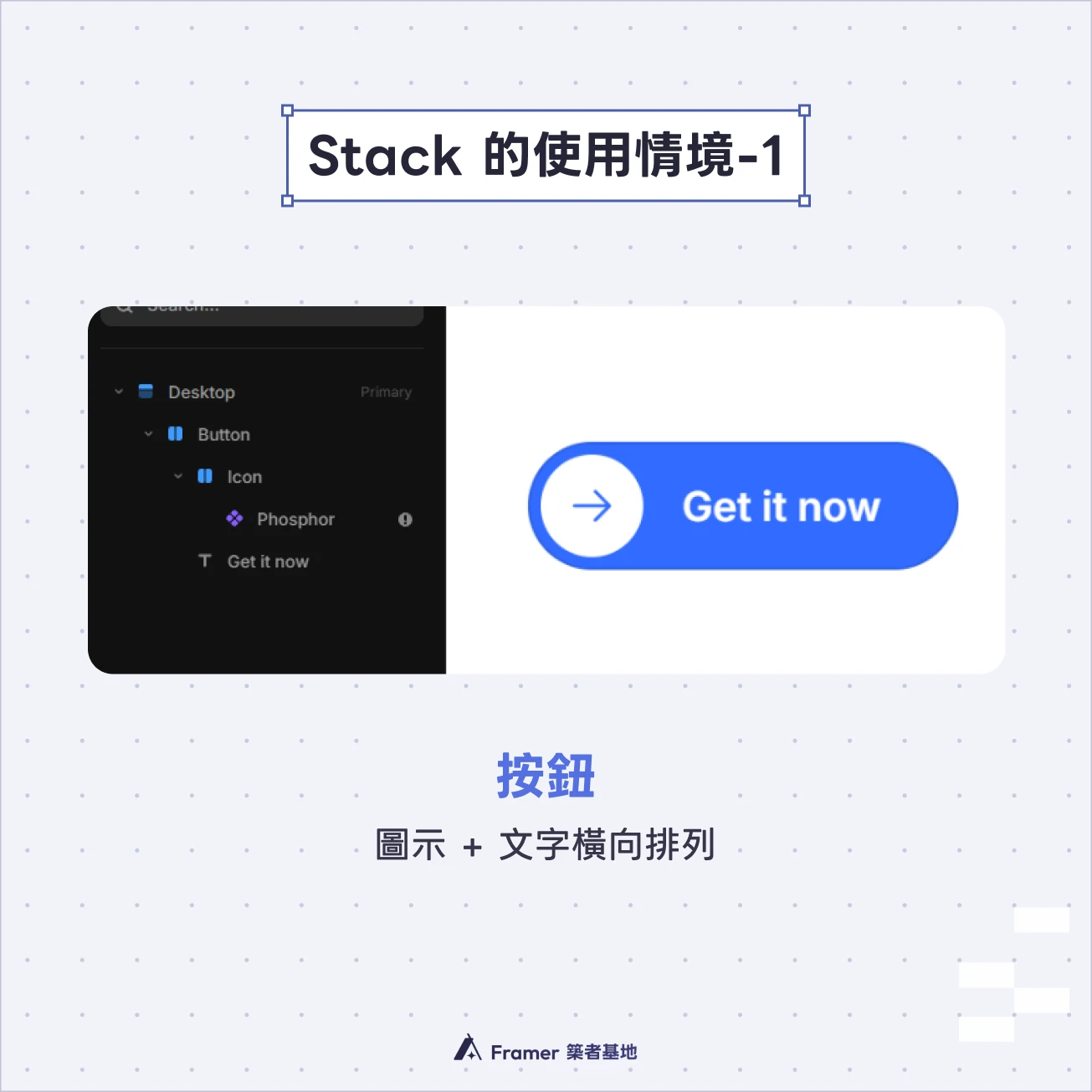 Framer Stack 應用情境一：按鈕設計。示範如何利用 Stack 將圖示與文字完美橫向排列。