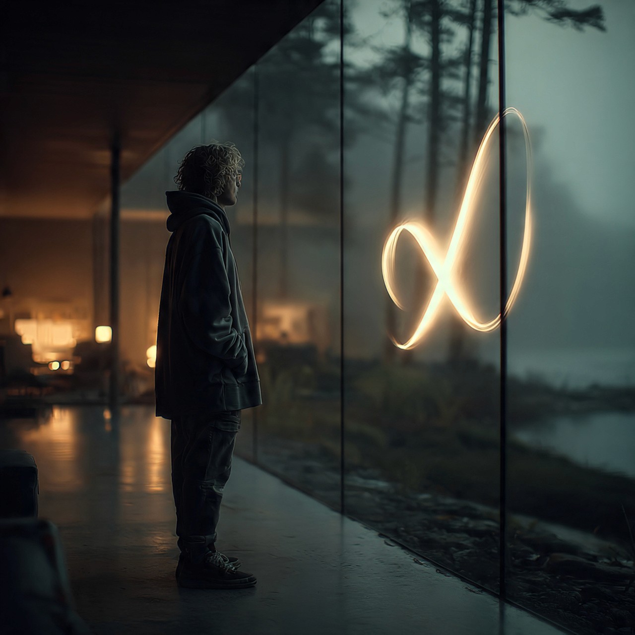 Person looking out window at light symbol