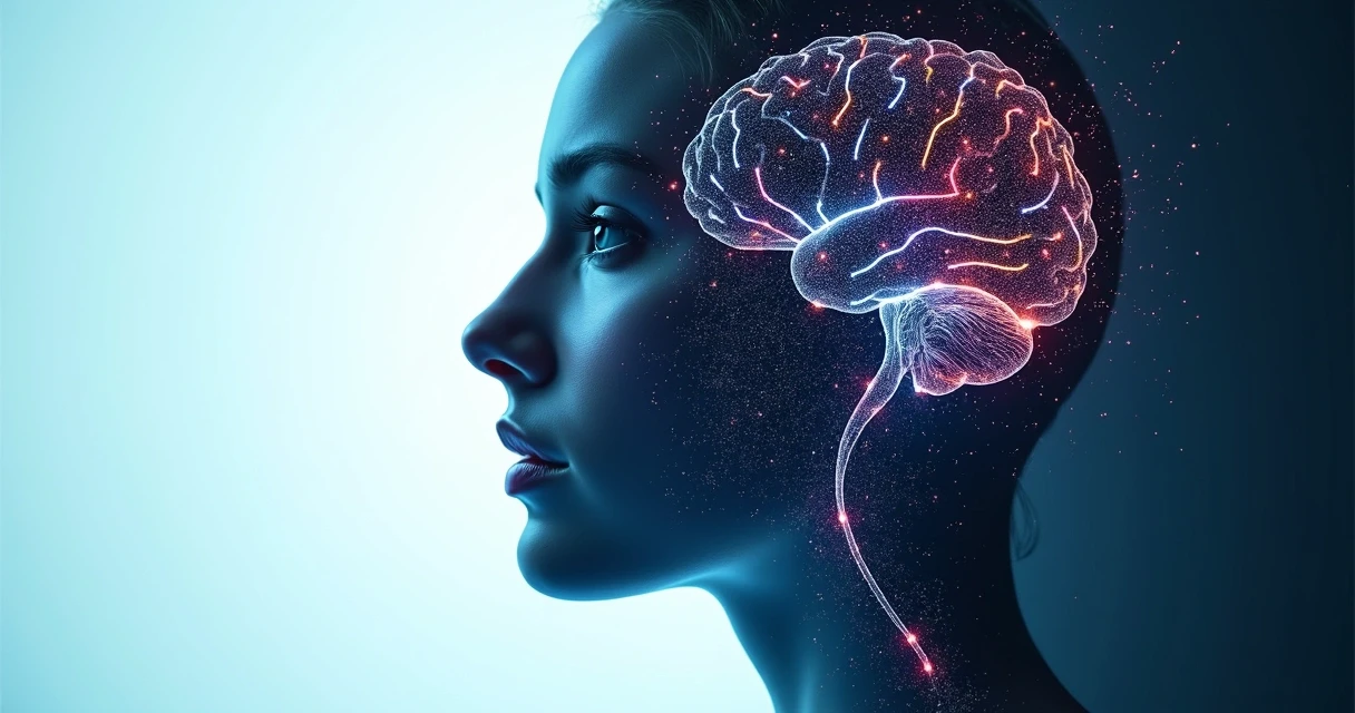 Conceito de mente digital com IA colorida e humano 