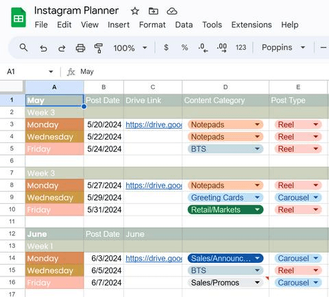 Instagram Content Planner Sheet