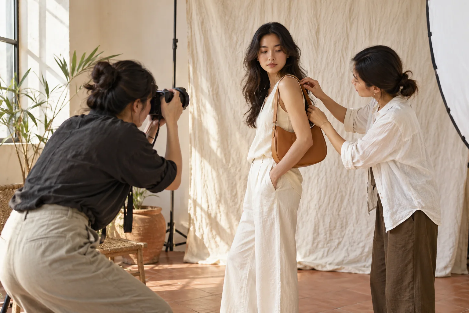 Photographer and stylist working together with a lifestyle model on set