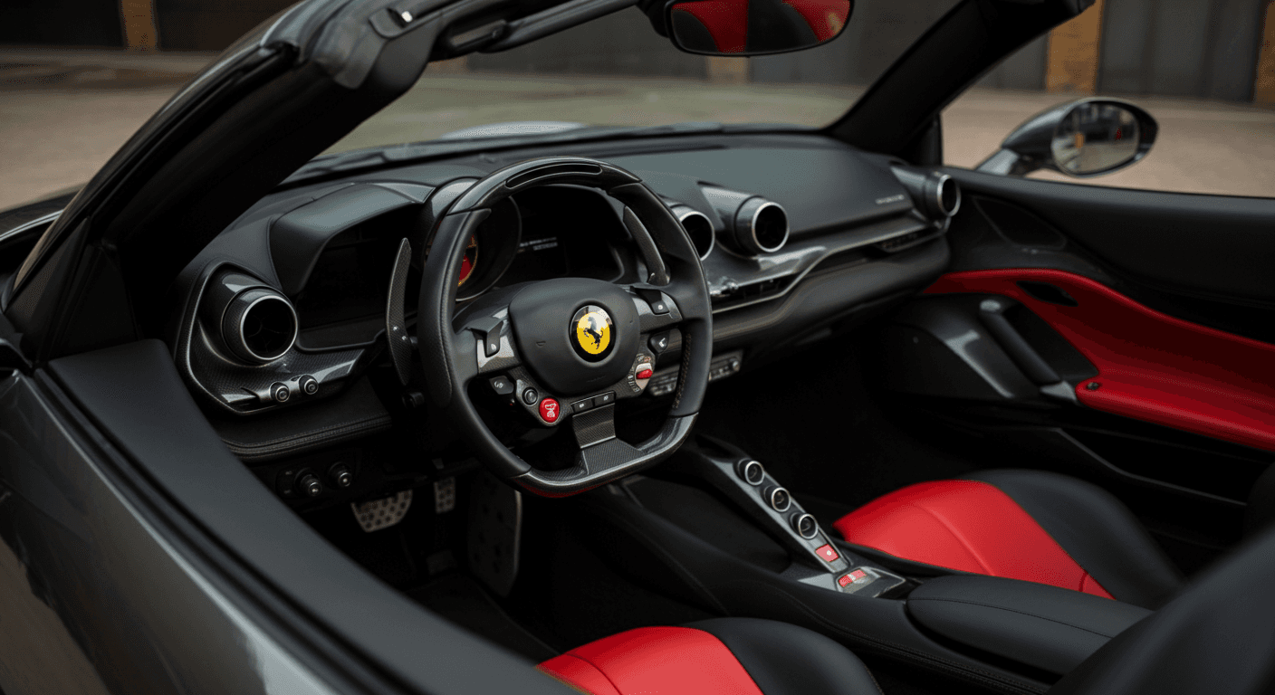 Dark luxurious interior of a car, perfect for showcasing premium car rental experiences.