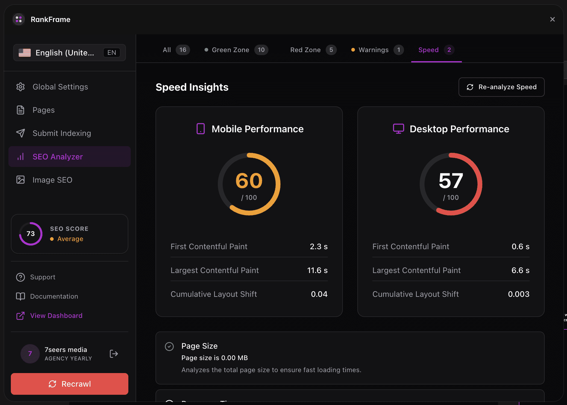 Speed Insights overview in RankFrame