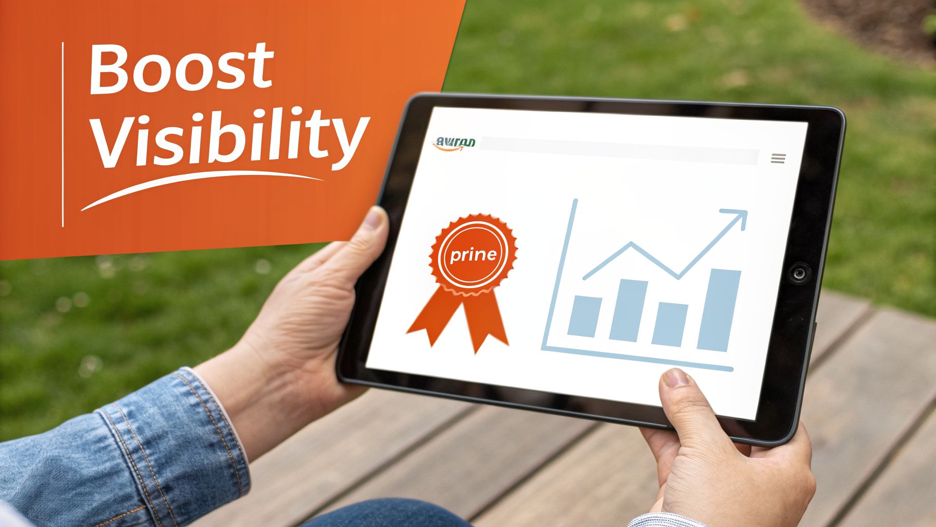 Person holding a tablet outdoors displaying a 'prine' badge, an upward trend graph, and 'Boost Visibility' text.