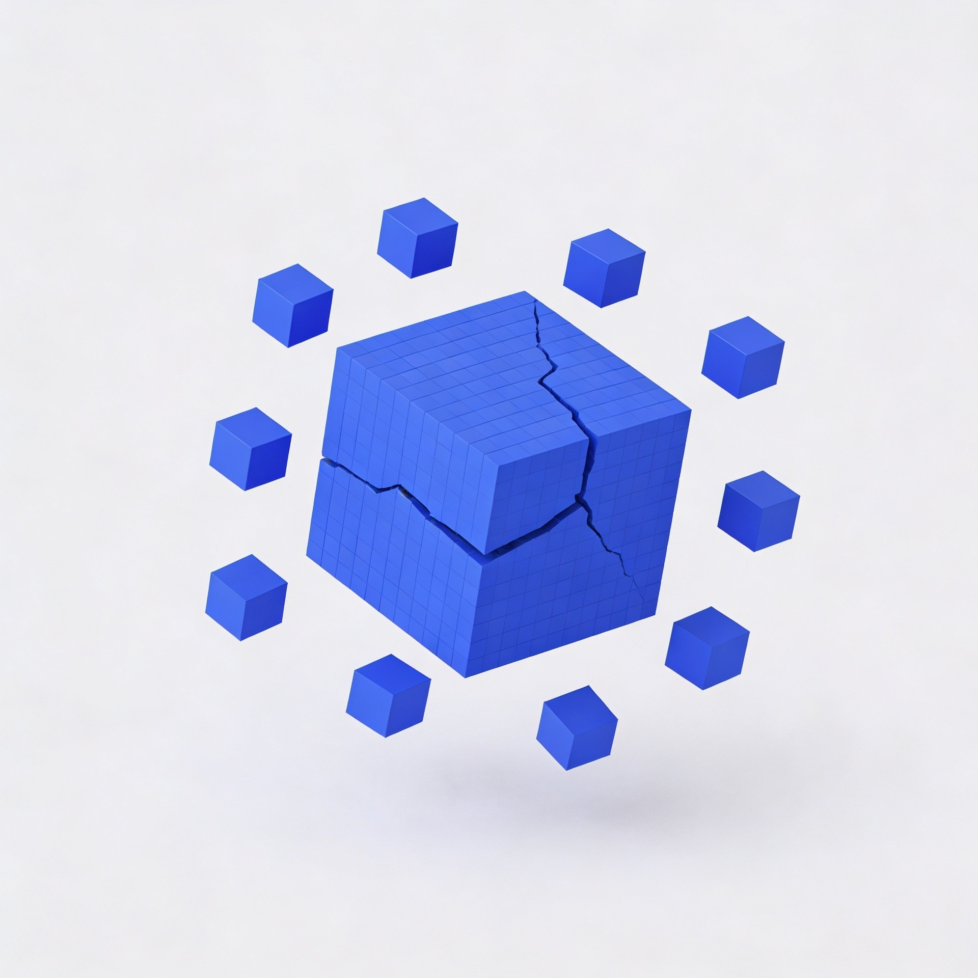 Blue voxel cube splitting symbolizing turning one article into many content pieces