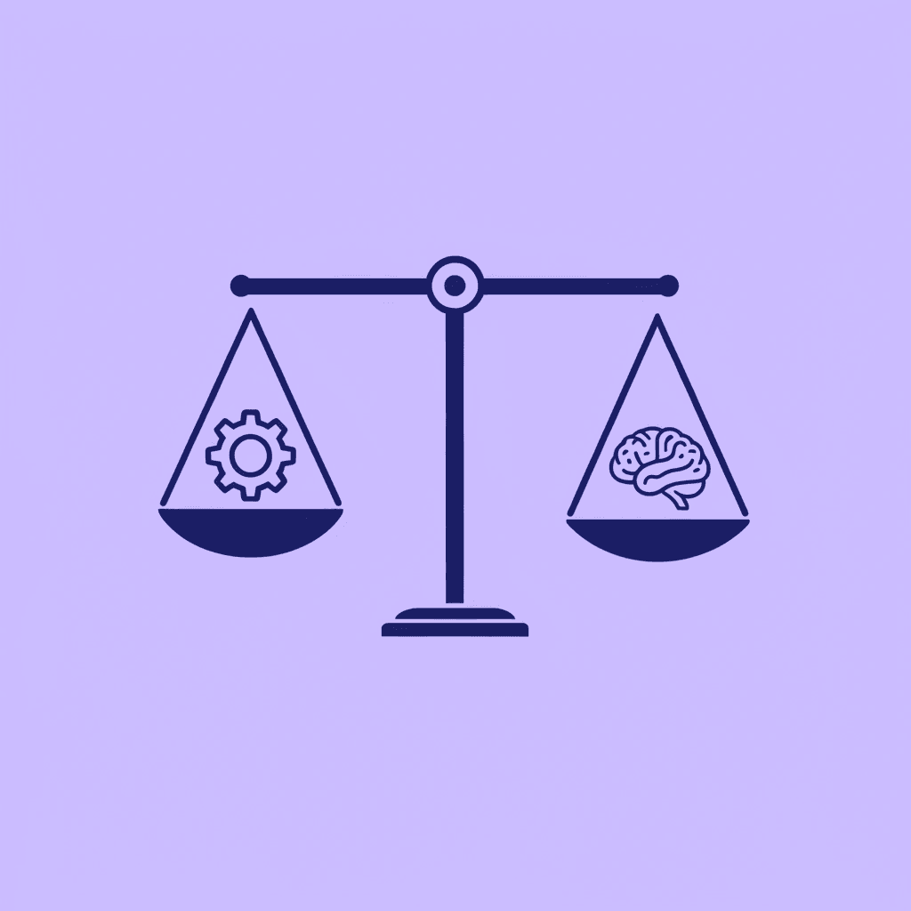  Balance scale with Traditional Bots on one side and AI Digital Workers on the other, illustrating the trade-off between rigid rule-following and intelligent adaptation