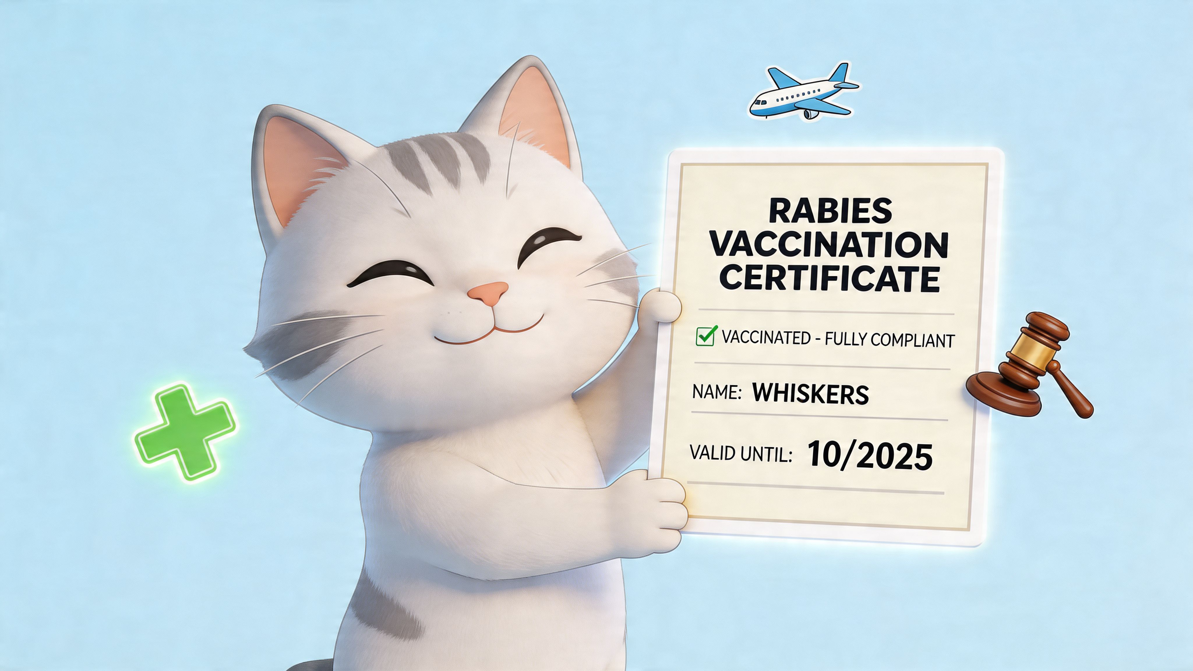 A cute cartoon cat smiling while holding a rabies vaccination certificate with an airplane and gavel.
