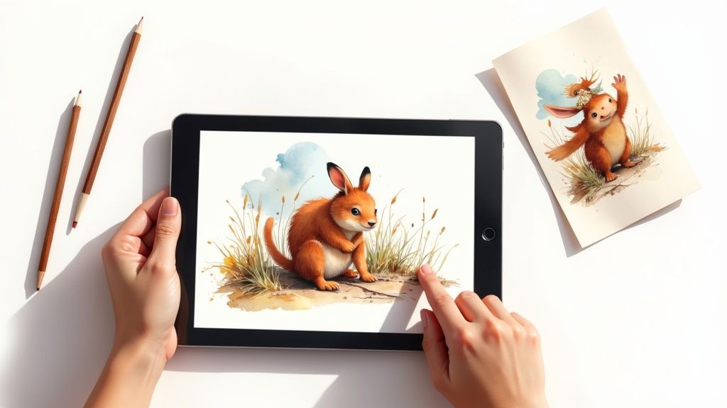 Tablet displaying a charming watercolor animal illustration, alongside a matching print and art pencils.