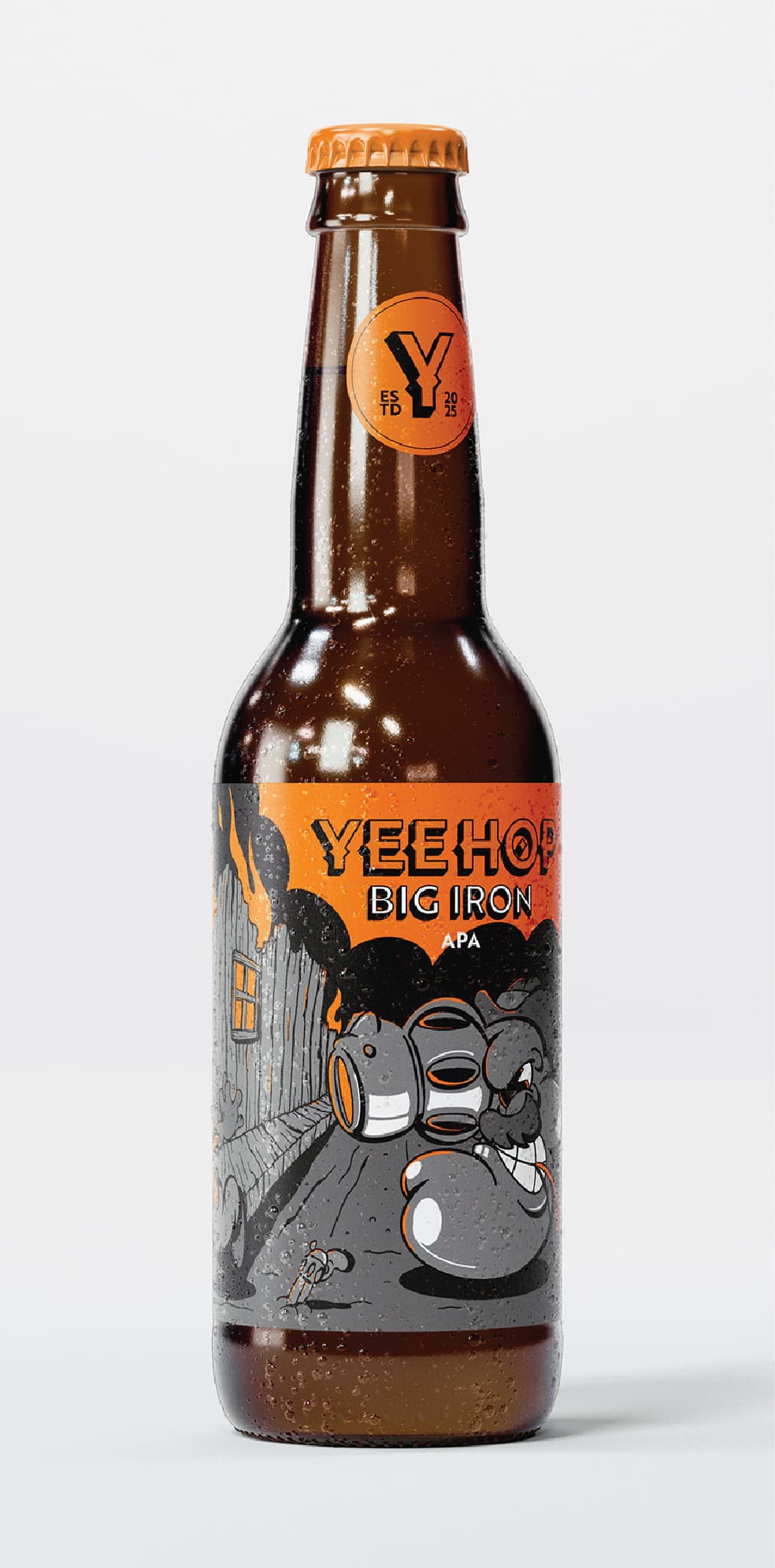 YeeHop Big Iron APA beer bottle featuring playful rubber-hose–style artwork of a pistol-shaped villain character in a Wild West scene with a town on fire.