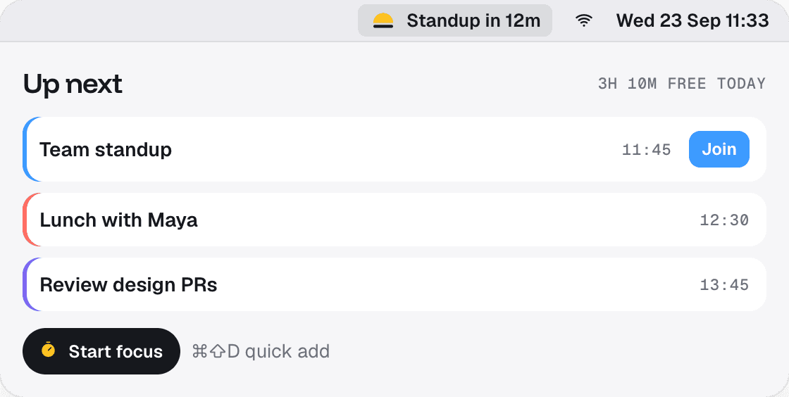 Daybrim in the Mac menu bar showing what's next