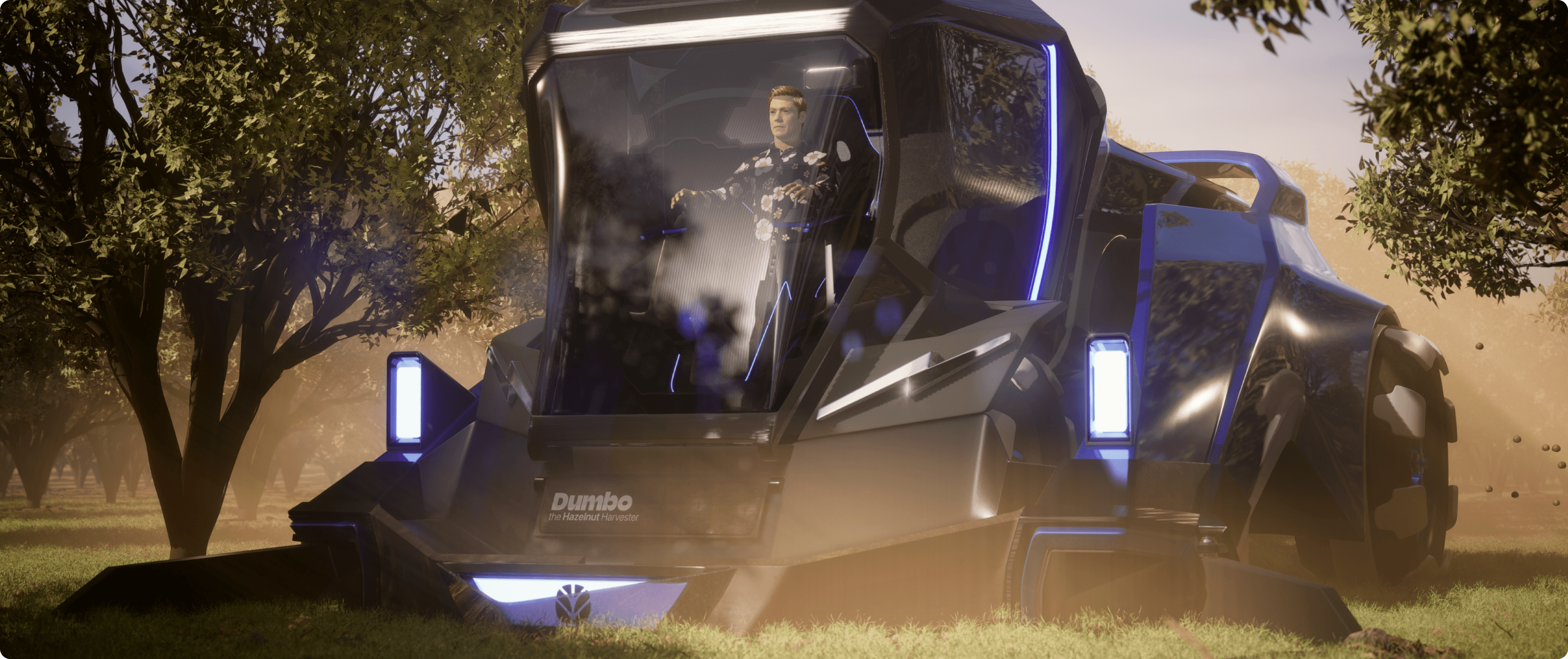 A cinematic hero render of muscular design of DUMBO-A Hazelnut Harvster done in Unreal Engine 5 which was in a cover page of a IVT Magazine.