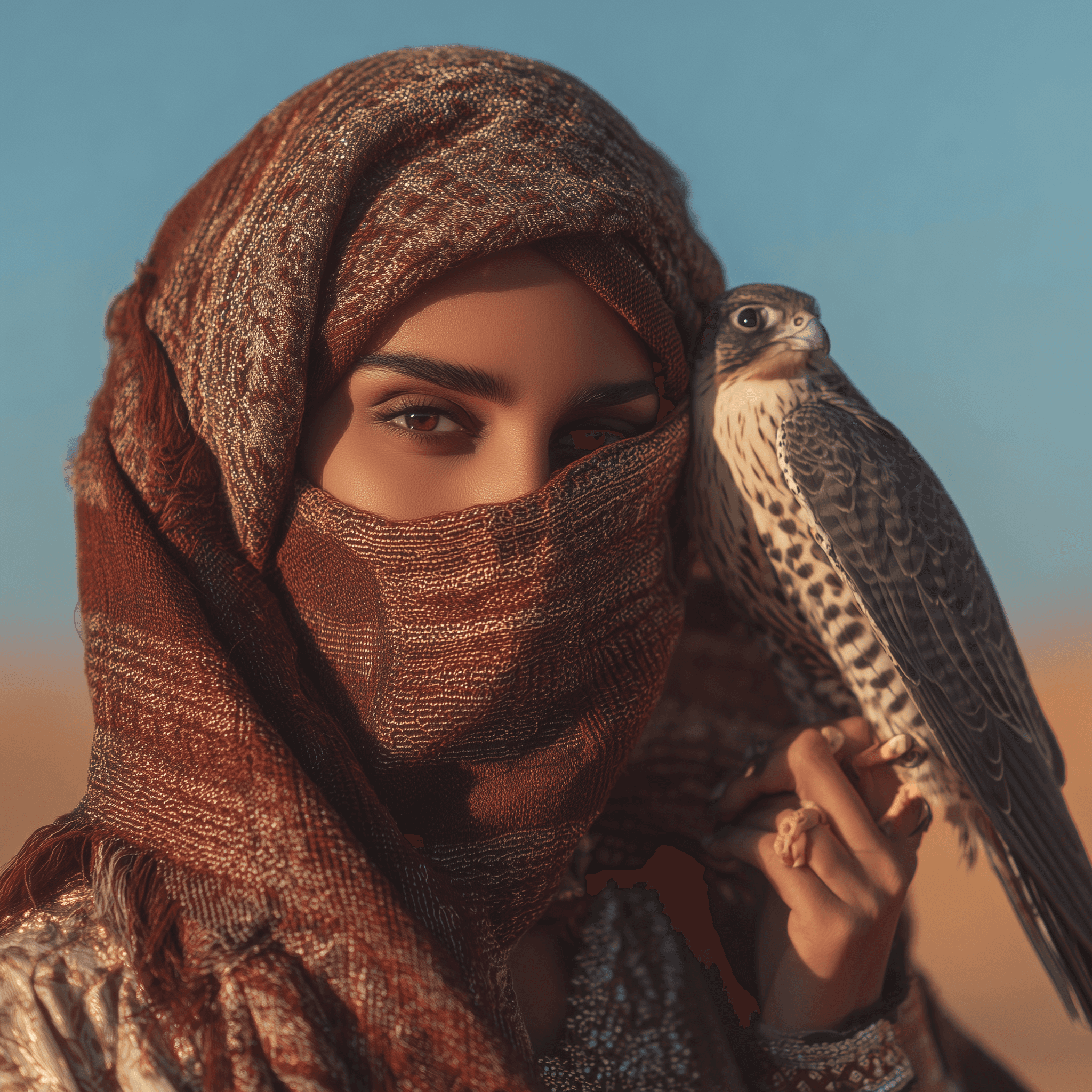 Arabian women with eagle in one hand and veil portrait