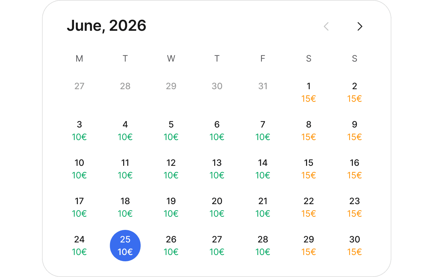 Calendar view with dynamically set prices