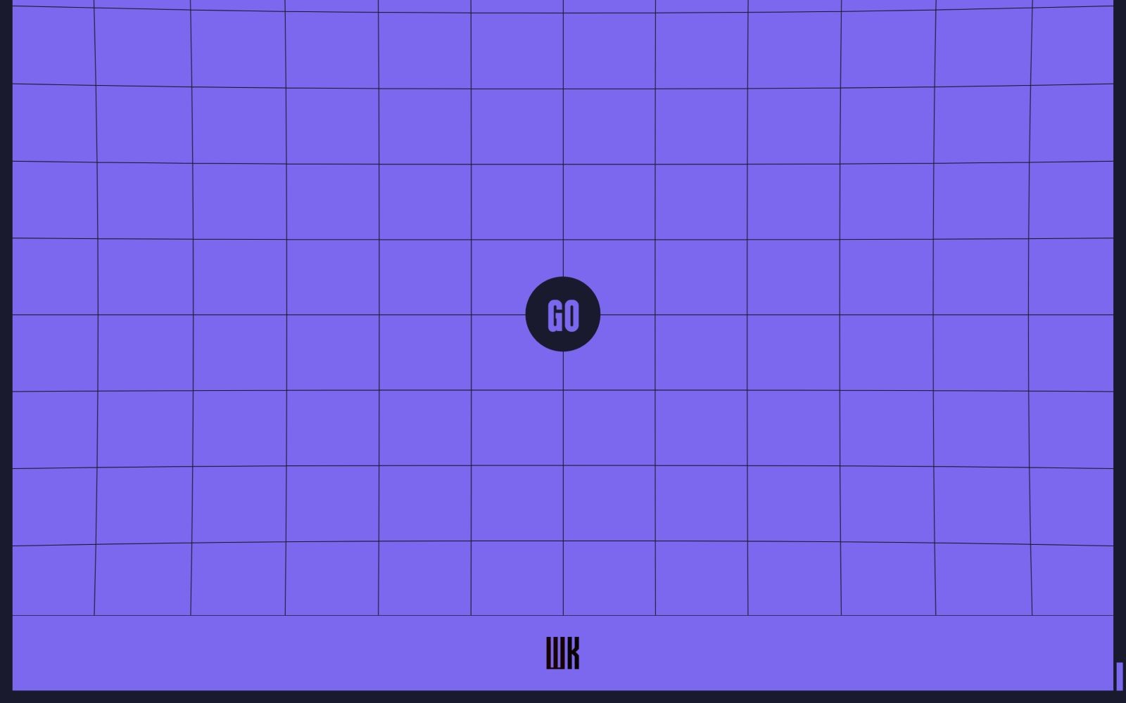 Blue grid background with a black circle in the center labeled "GO." Bottom text reads "WK.