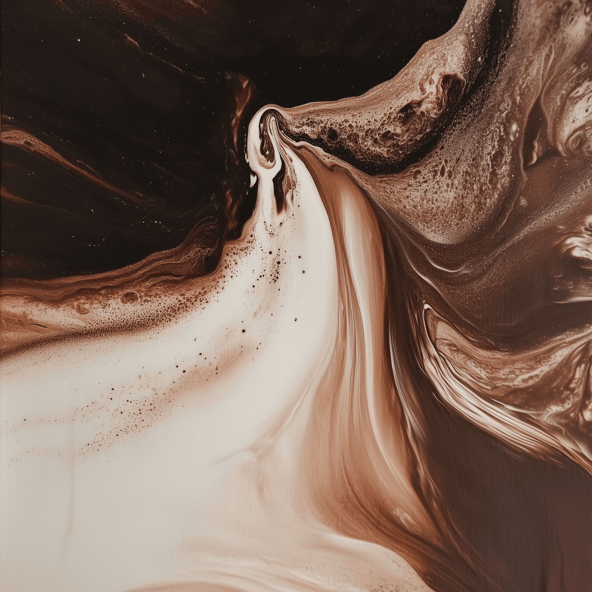 An abstract painting of brown and white fluid flowing, brown and white swirls resembling chocolate milk flowing down the canvas. The texture is textured with a sandstone-like grain that adds depth to the artwork. This print captures the essence of a creamy liquid in a fluid pattern. It's a simple yet elegant piece that would be suitable for home decor or as wall art. Hyper-realistic photography., creating a dynamic