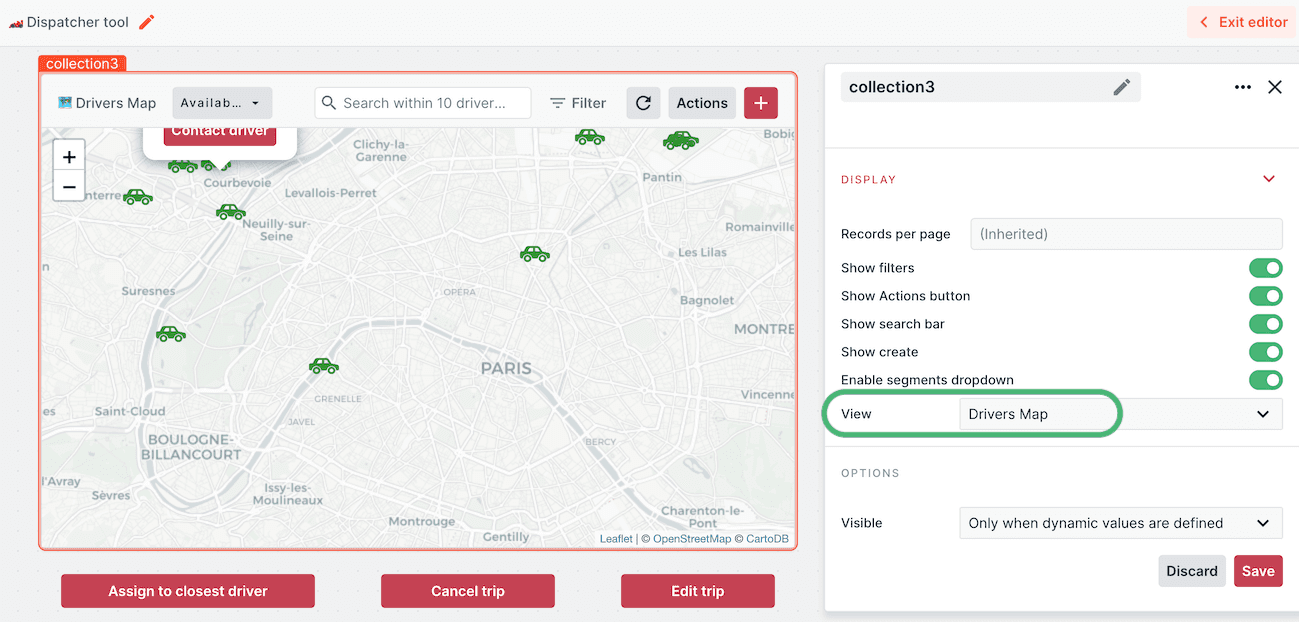Custom View selection of a collection component in a Forest Admin workspace.
