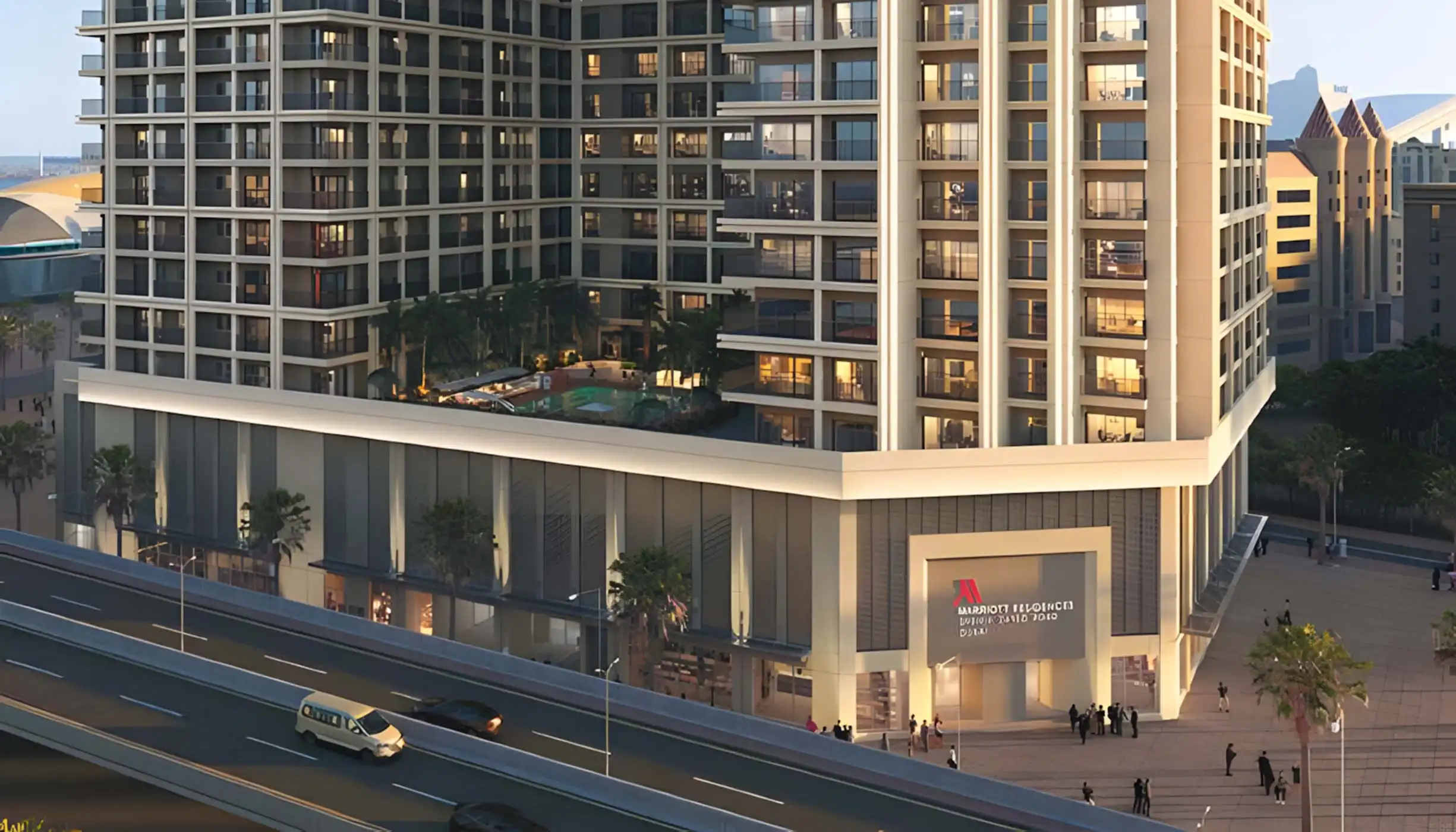 Modern commercial building with numerous windows located at Marriott Residences Sheikh Zayed, situated in a vibrant downtown metropolitan area. 