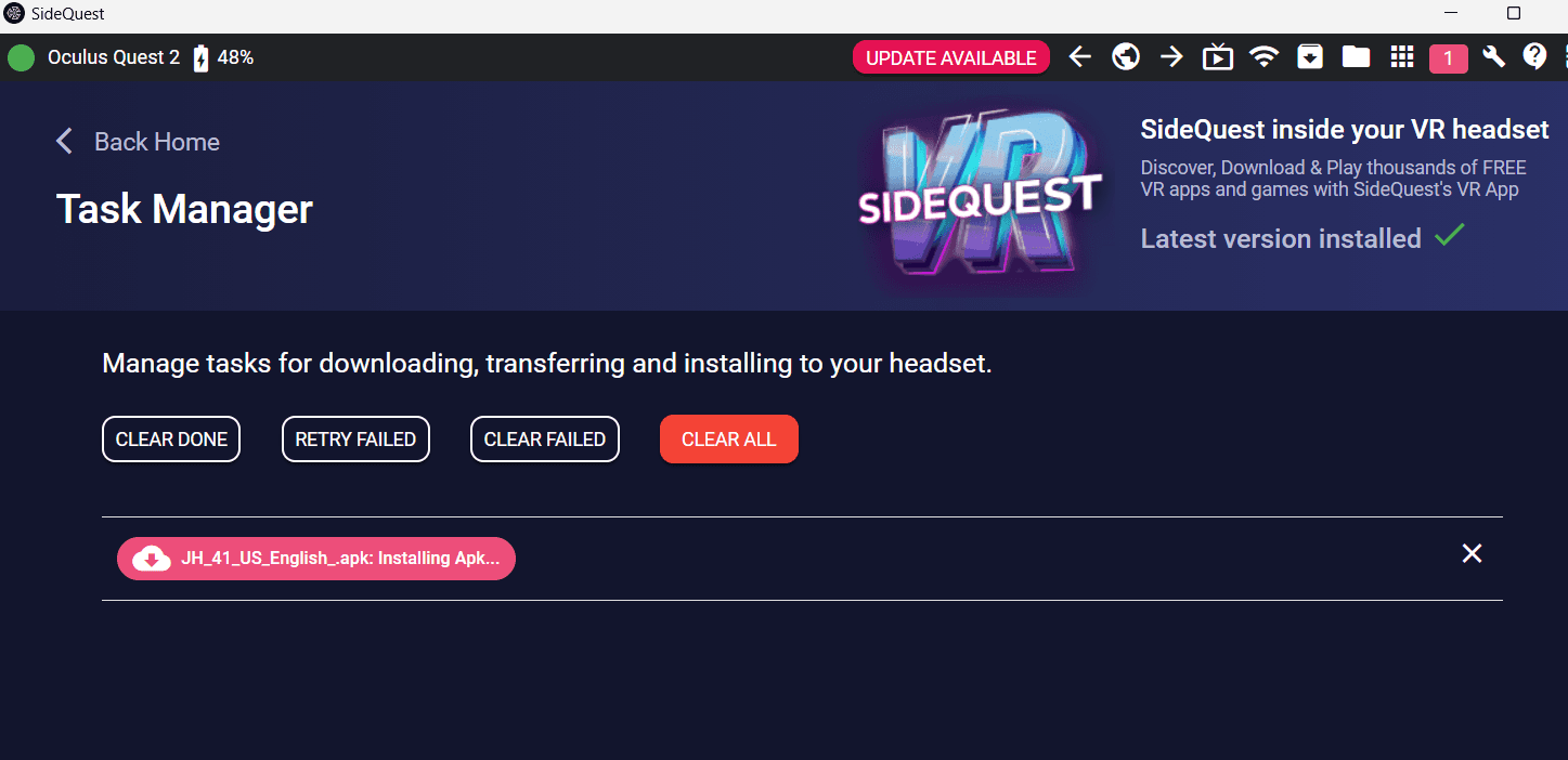 apk file begins installation on SideQuest