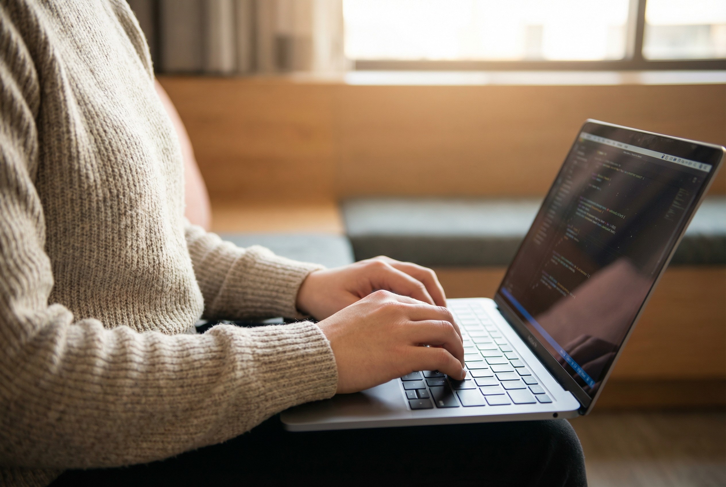 Person in a white off-shoulder top using a MacBook laptop, with text overlay 'What's new in digital?' and the fabrica® logo in the top corner.