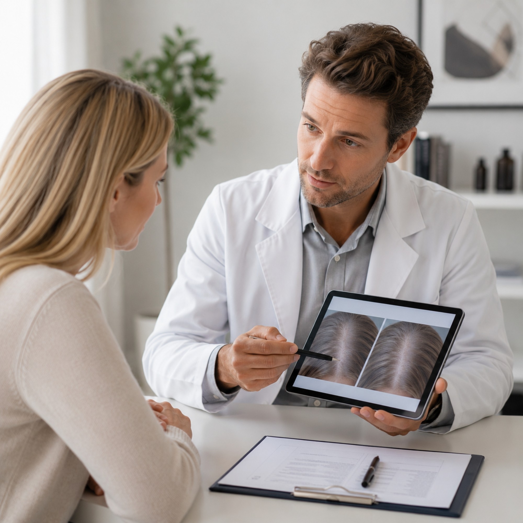 Haarspecialist bespreekt mogelijke oorzaken van haarverlies met een patiënt tijdens een medisch consult.