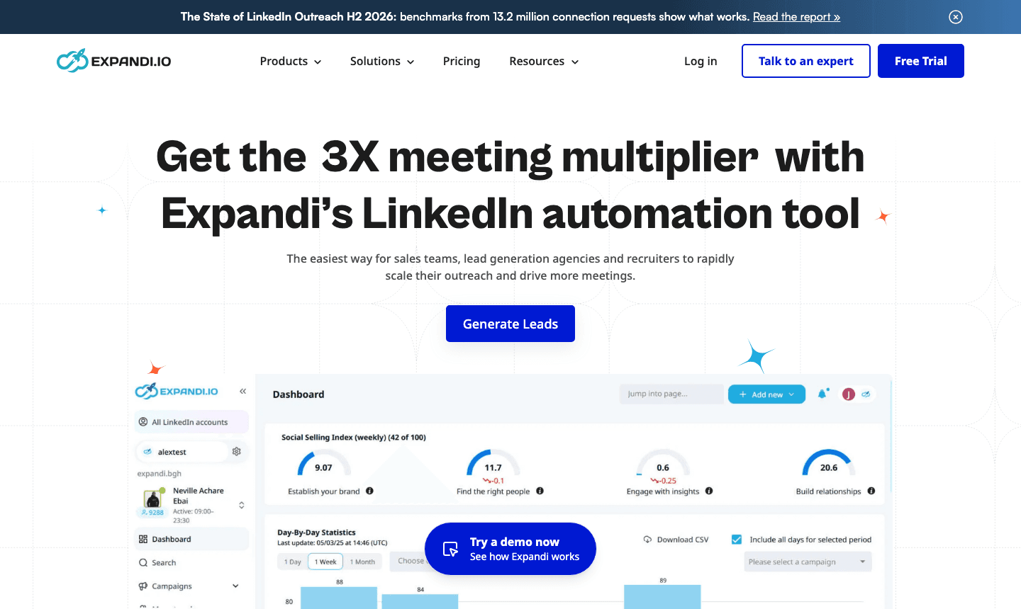 Expandi homepage (expandi.io), screenshot taken August 2026 for this comparison