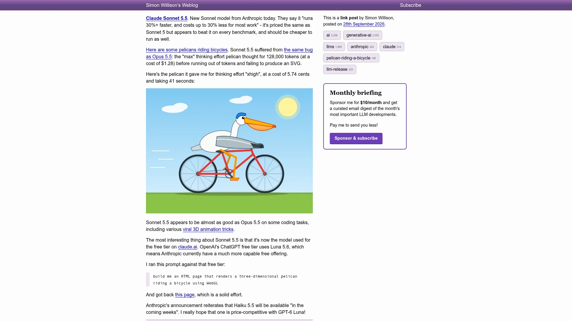 Simon Willison's blog post on Claude Sonnet 5.5 showing its SVG of a pelican riding a red bicycle, generated at xhigh effort