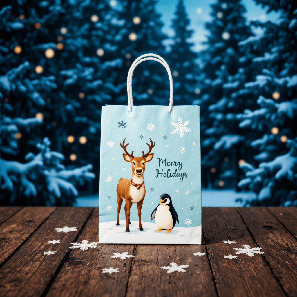 product photography of a decorative gift bag with a holiday theme