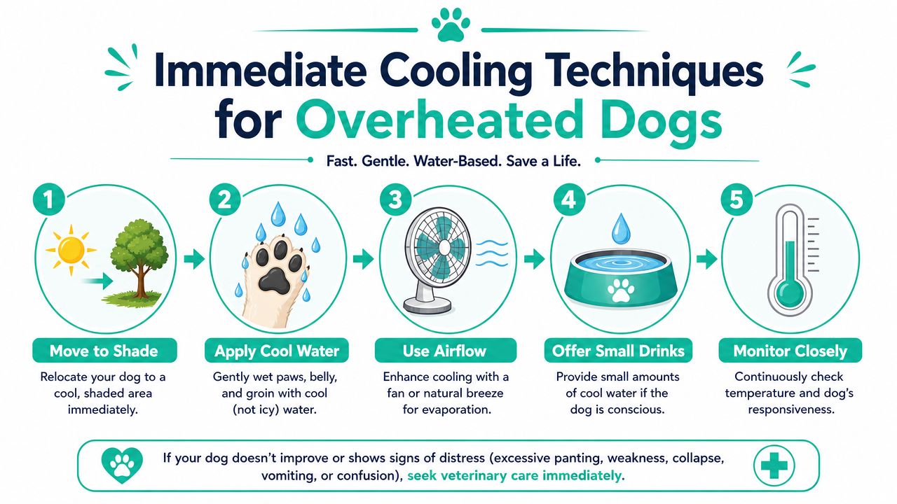 An infographic showing five steps for cooling down an overheated dog to prevent heatstroke.