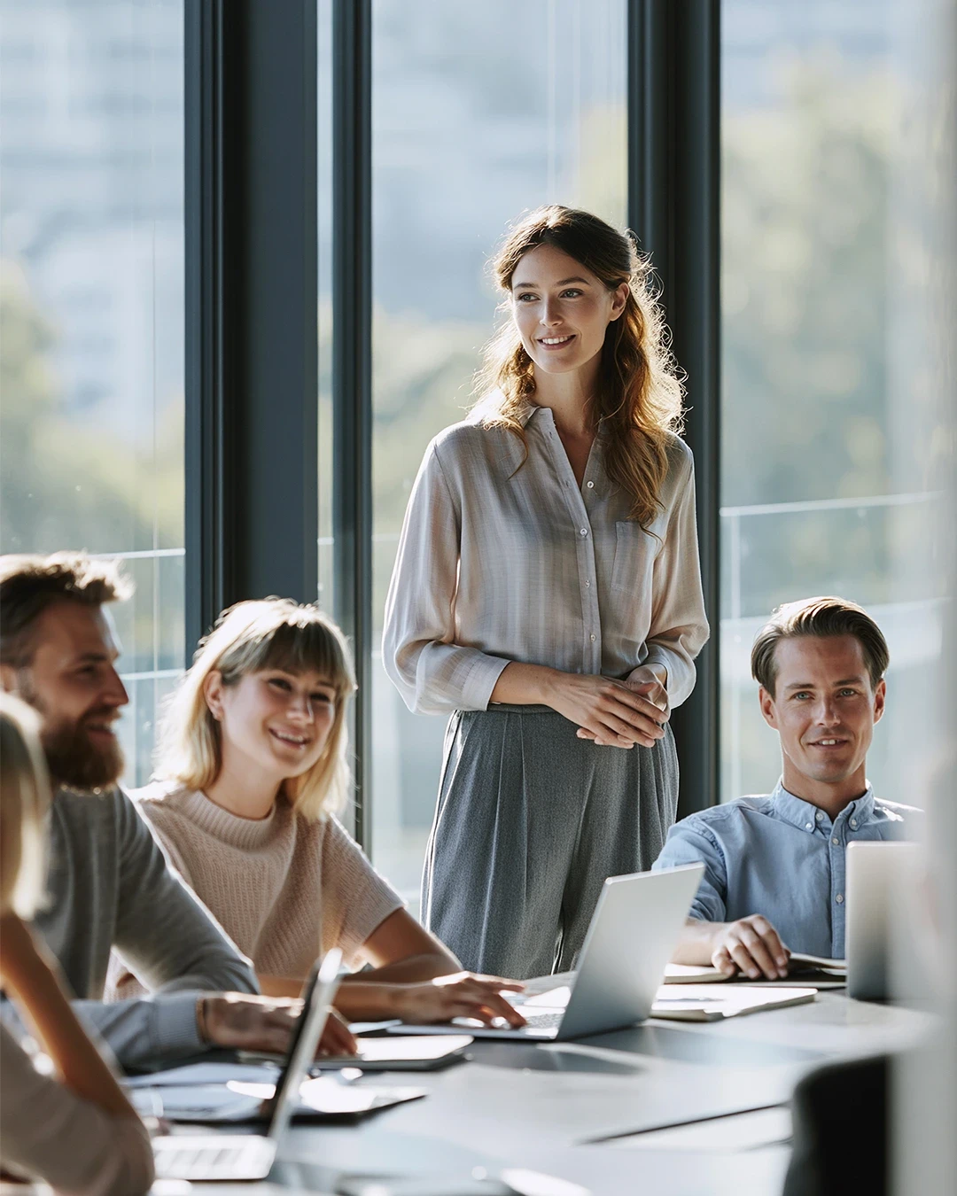 A smiling woman stands confidently at a conference table, leading a meeting with colleagues in a bright, modern office.