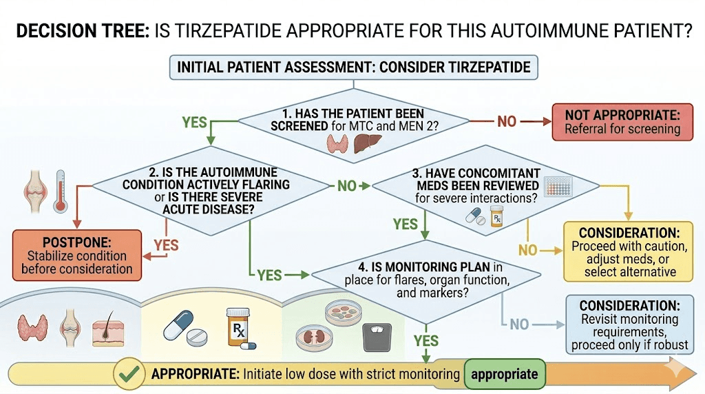Tirzepatide autoimmune patient decision flowchart