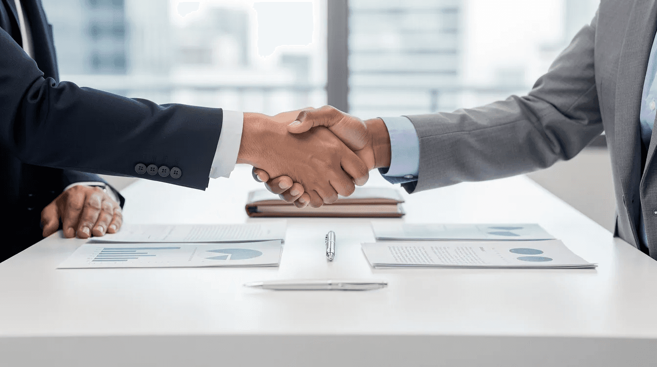 Two individuals are shaking hands across a desk, symbolizing a successful business agreement, with various business documents and a pen placed between them, highlighting the importance of family relationships in funding a new venture. This moment reflects the potential risks and best practices involved in supporting family members' entrepreneurial endeavors.
