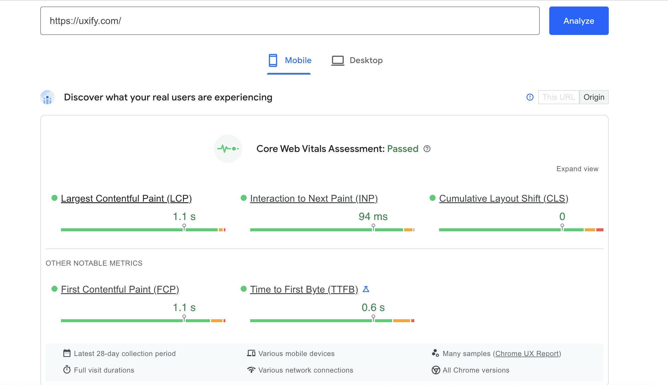 PSI Core Web Vitals section