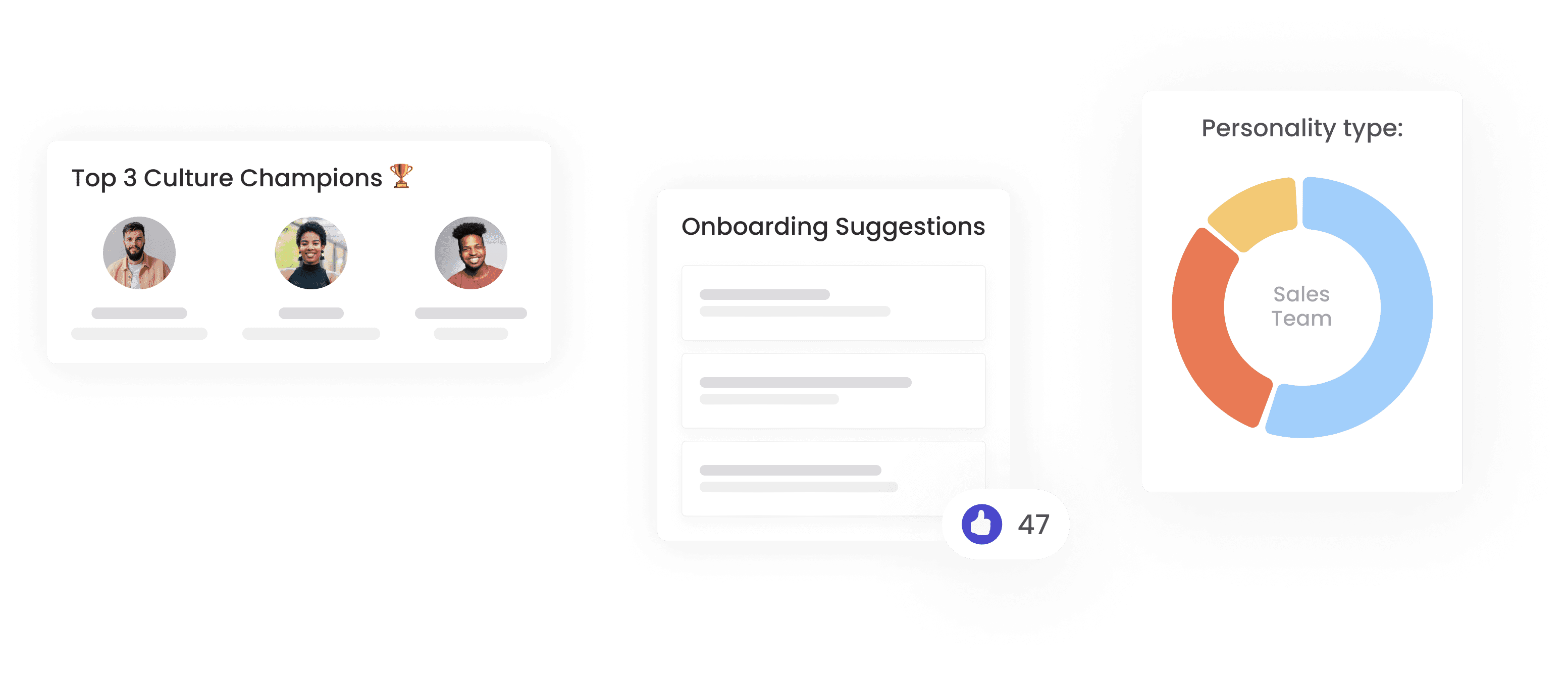 A dashboard showcasing company culture champions, onboarding suggestions, and a personality type breakdown for the sales team. Visual elements emphasize data-driven decision-making in engagement and onboarding.