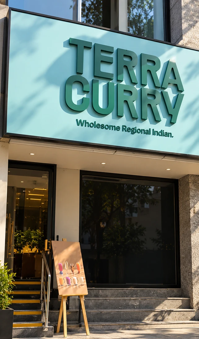 The restaurant entrance with a mint fascia showing "TERRA CURRY" in raised teal letters and "Wholesome Regional Indian.", above steps and an easel.