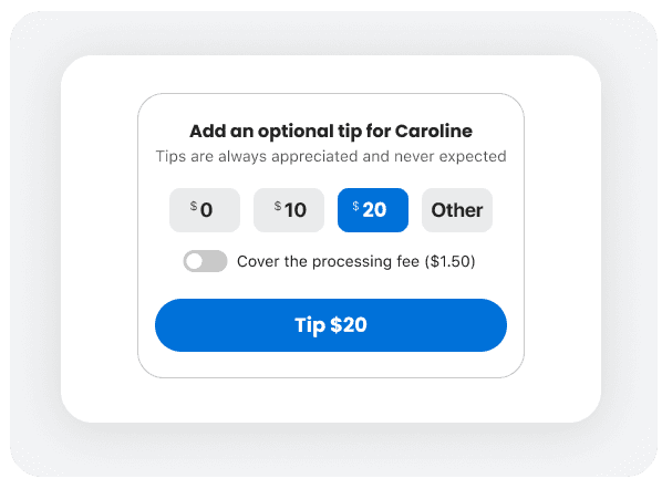 Applause app feature allowing customers to tip pest control employees, with preset amounts, custom options, and a fee coverage toggle.